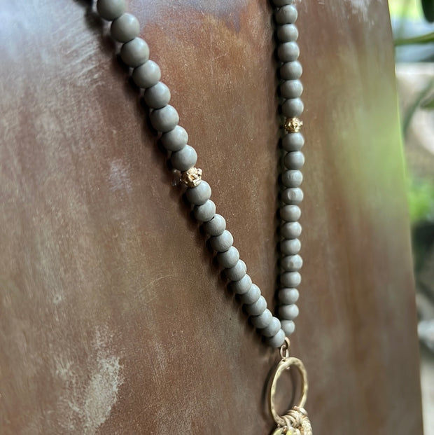Grey & Gold Beaded Tassel Necklace
